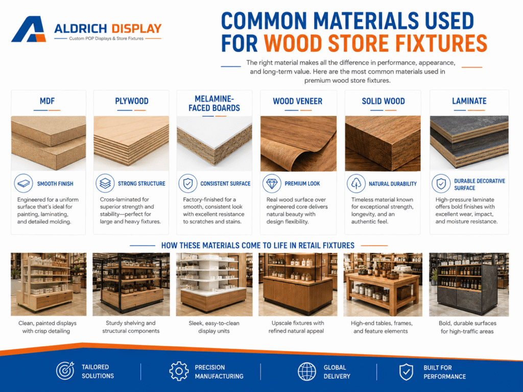 common materials used for wood store fixture