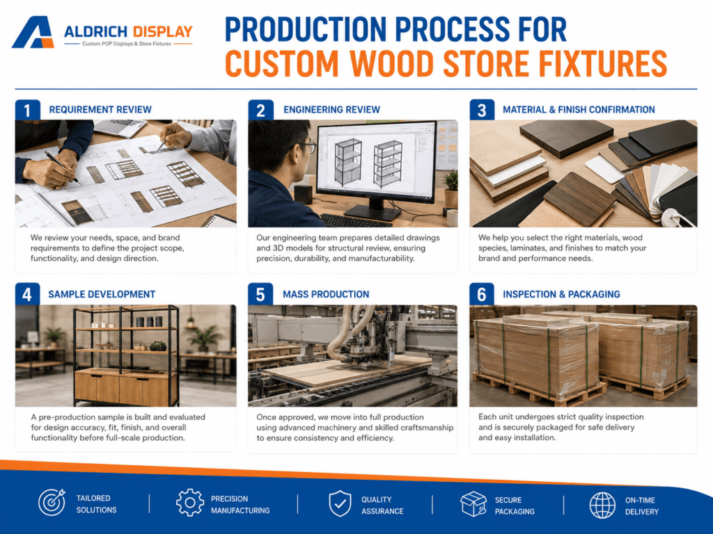 production process for custom wood store fixtures